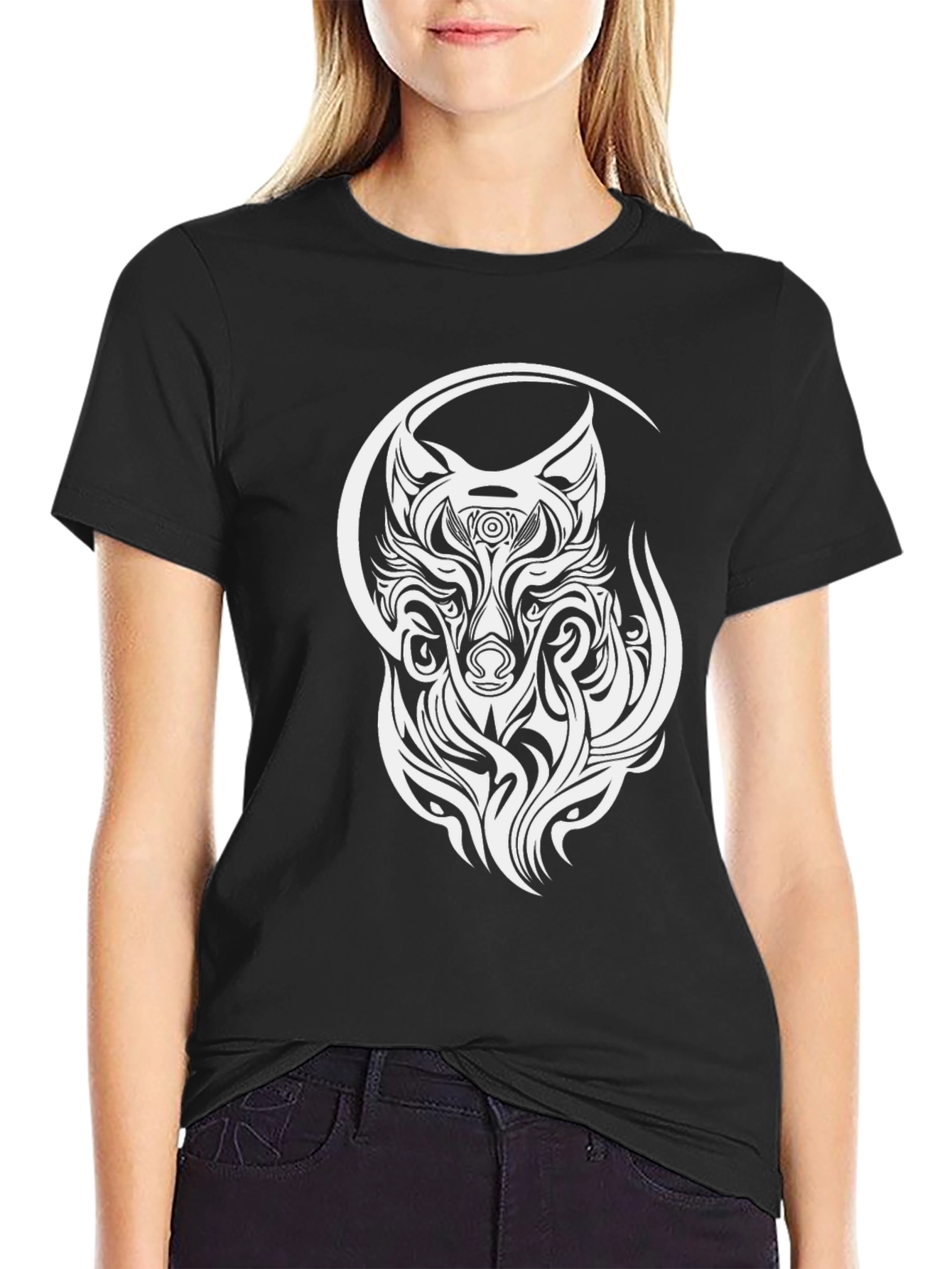 Wolf Tribal Design T-Shirt - Black