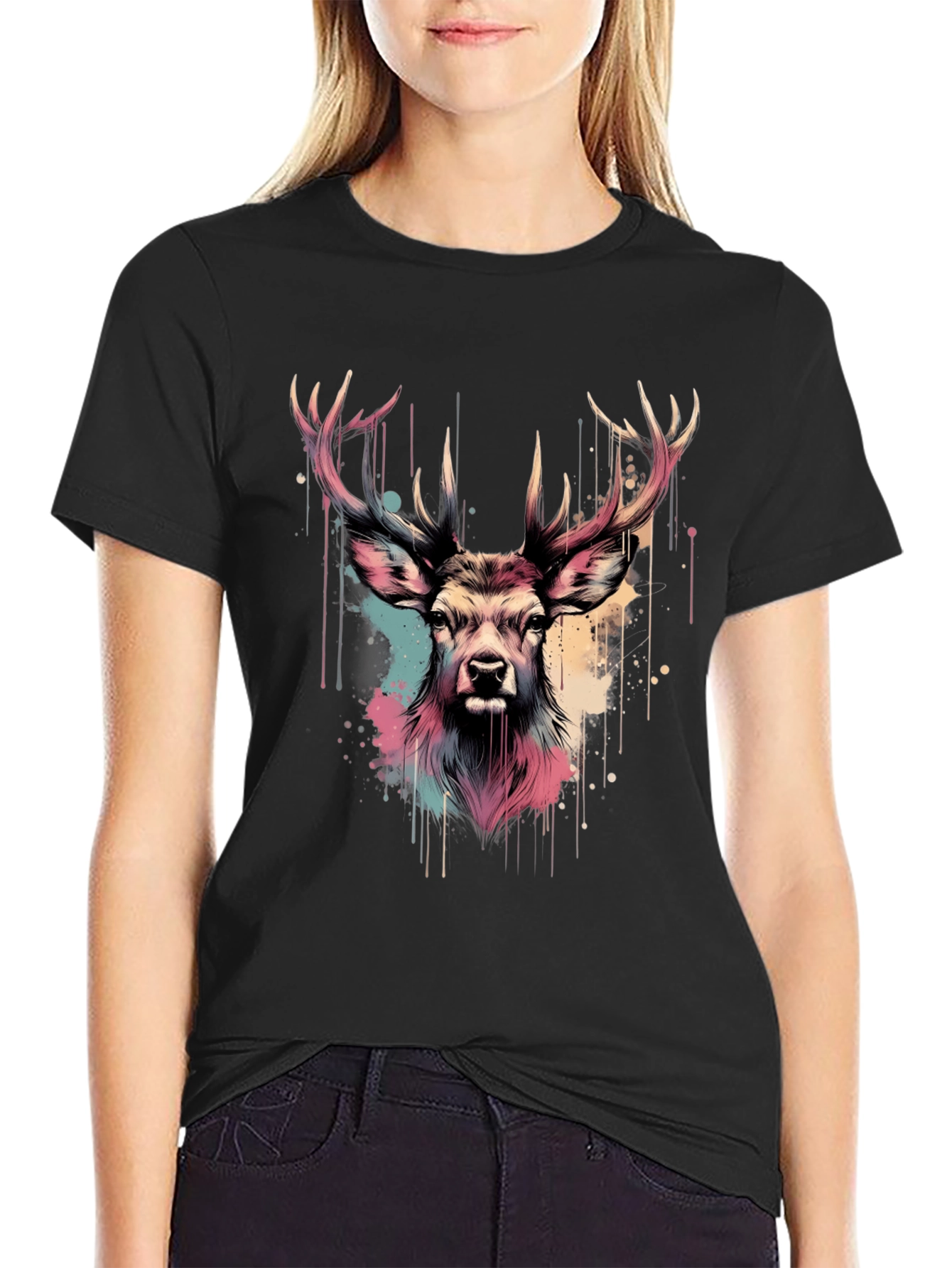 Deer Head Graphic Print Black T-Shirt