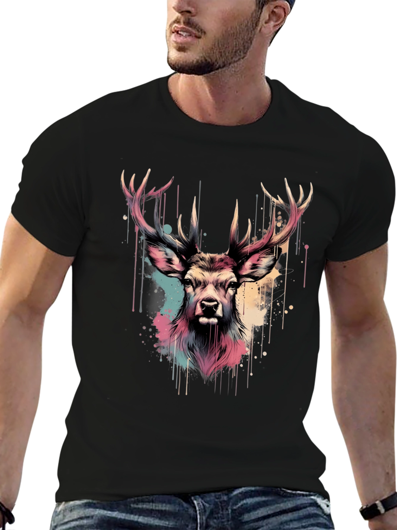 Deer Head Graphic Print Black T-Shirt