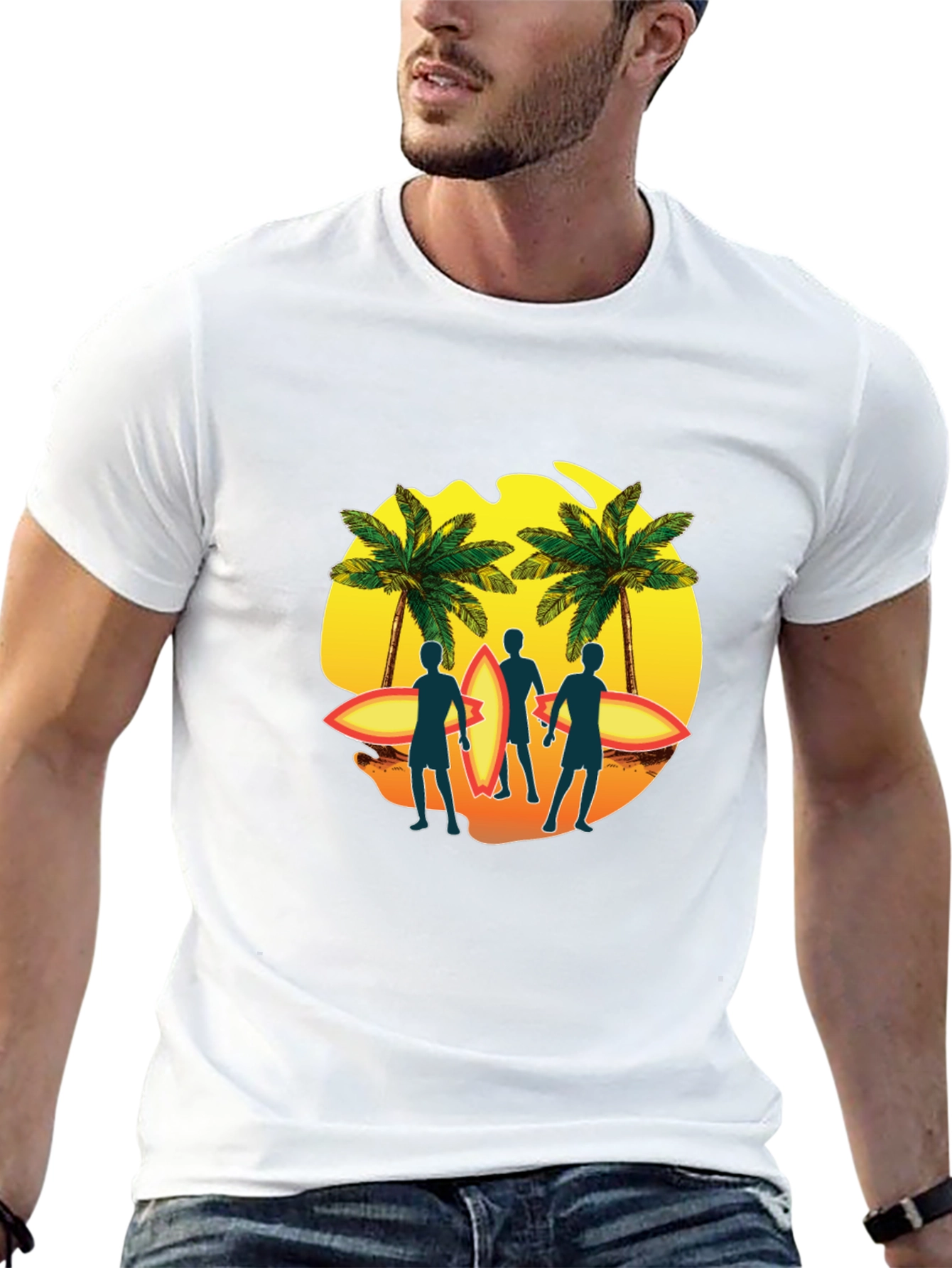 Surfer Silhouette Graphic T-Shirt - Tropical Palm Design