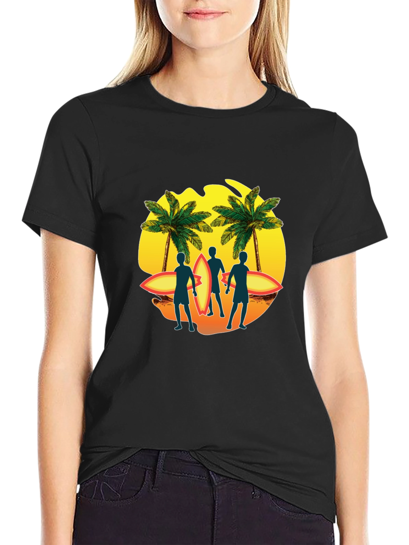 Surfer Silhouette Graphic T-Shirt - Tropical Palm Design