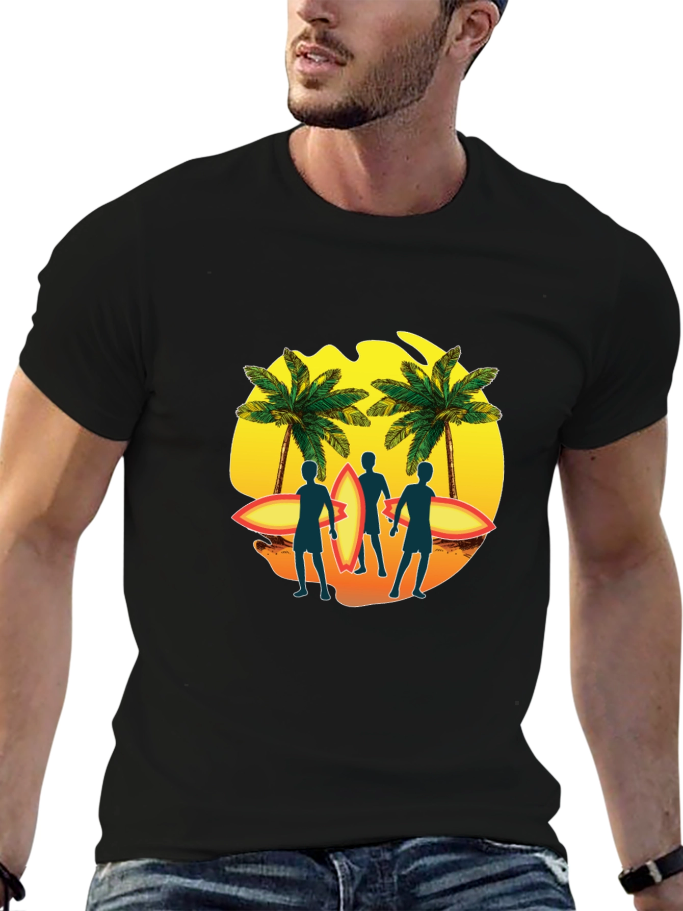 Surfer Silhouette Graphic T-Shirt - Tropical Palm Design