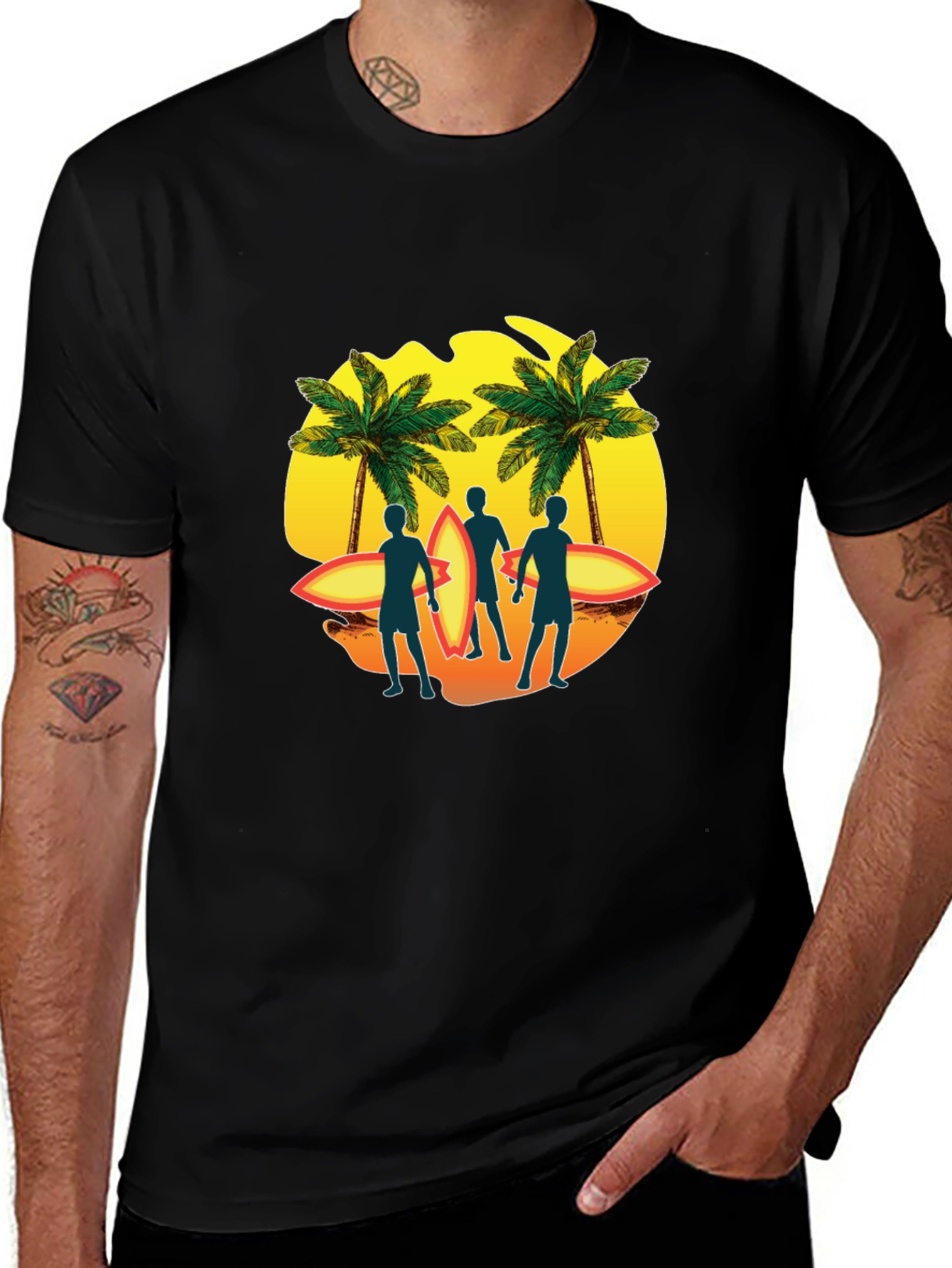 Surfer Silhouette Graphic T-Shirt - Tropical Palm Design