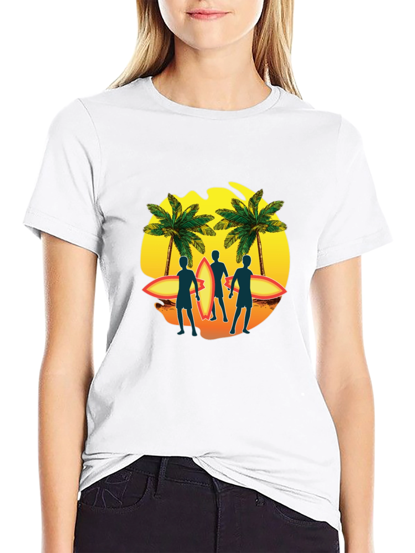 Surfer Silhouette Graphic T-Shirt - Tropical Palm Design