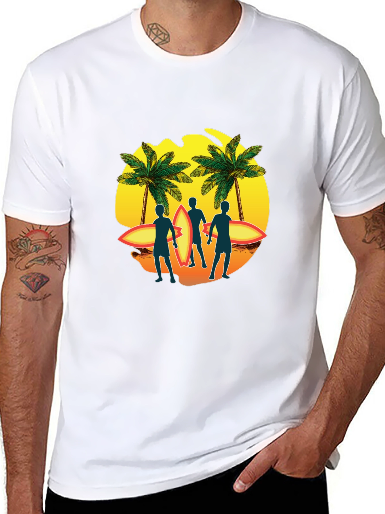 Surfer Silhouette Graphic T-Shirt - Tropical Palm Design
