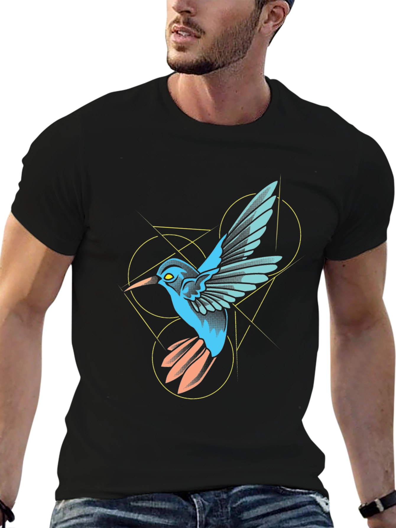 Geometric Hummingbird Graphic Black T-Shirt