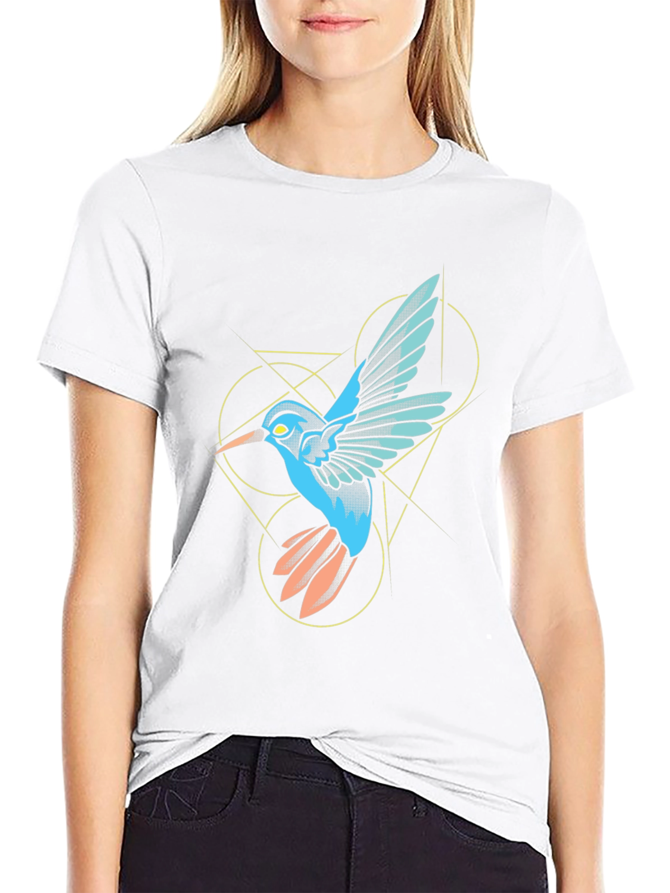 Geometric Hummingbird Graphic Black T-Shirt