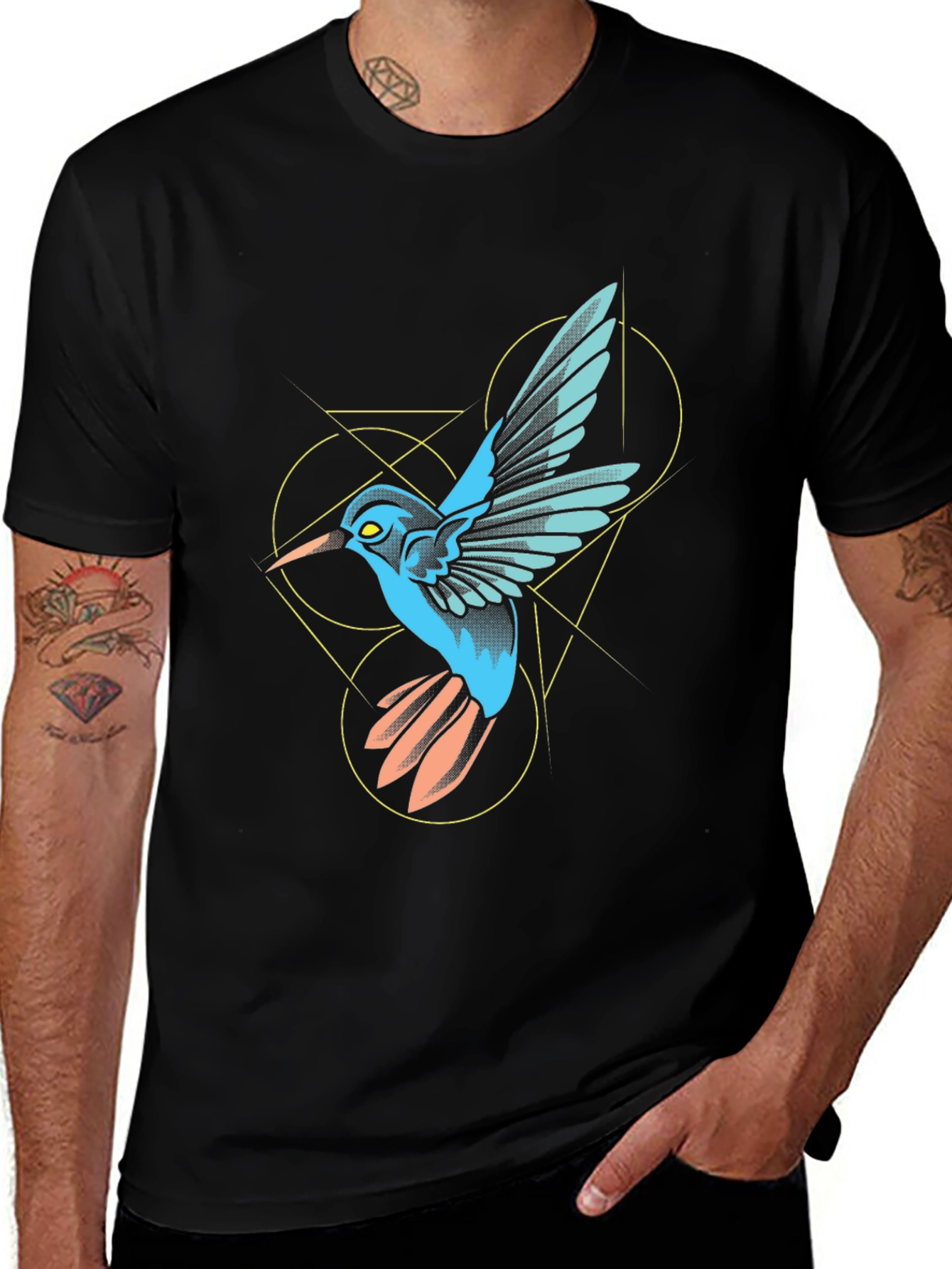 Geometric Hummingbird Graphic Black T-Shirt