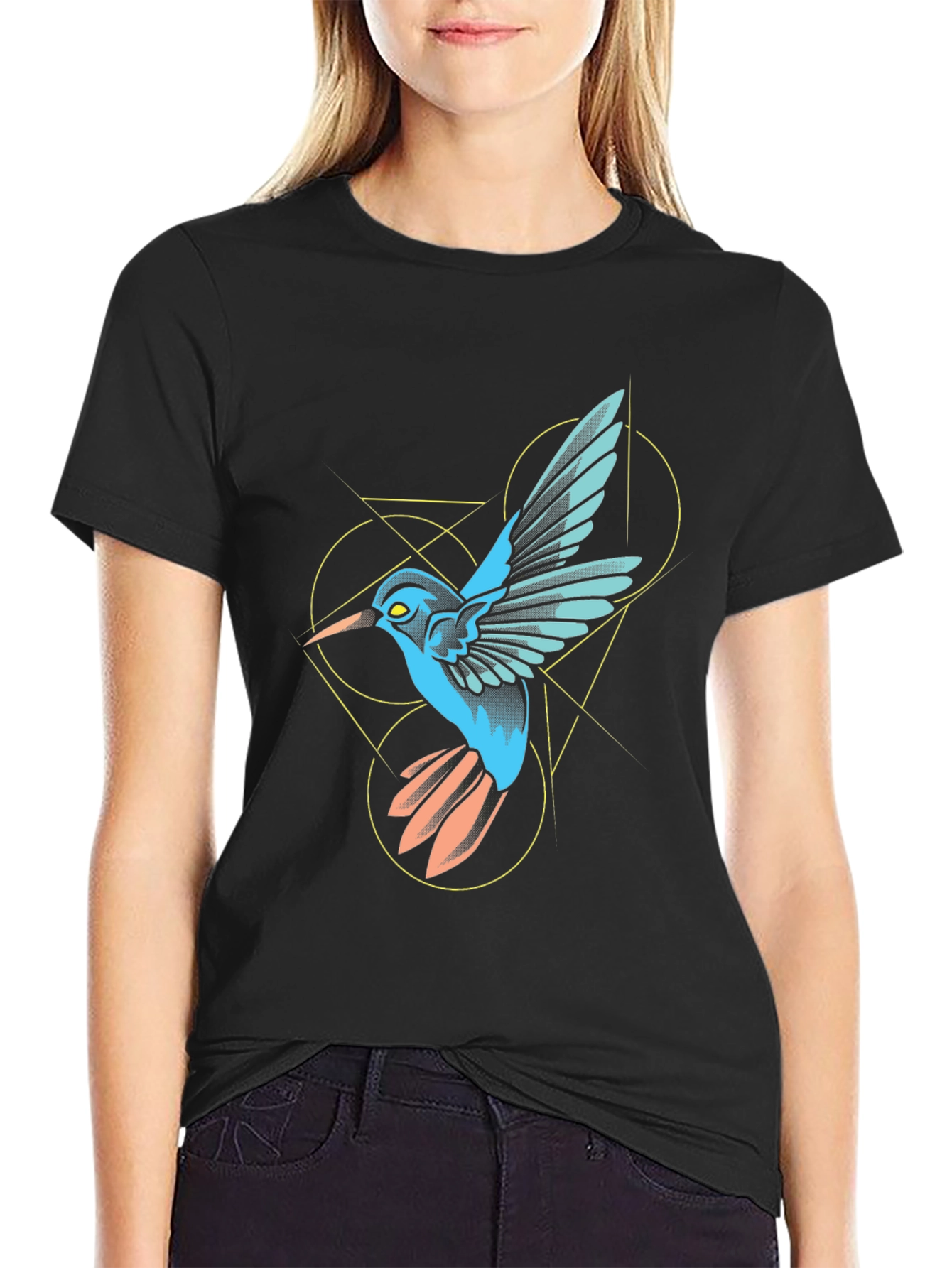 Geometric Hummingbird Graphic Black T-Shirt