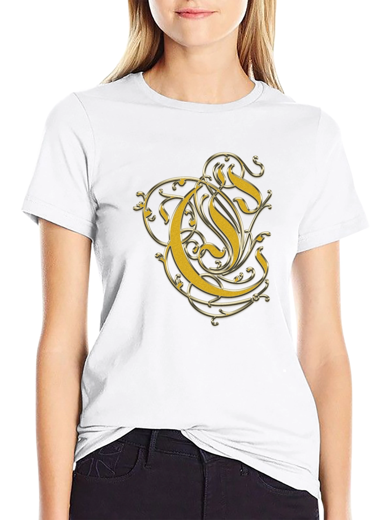 Elegant Gold Letter Graphic Black T-Shirt