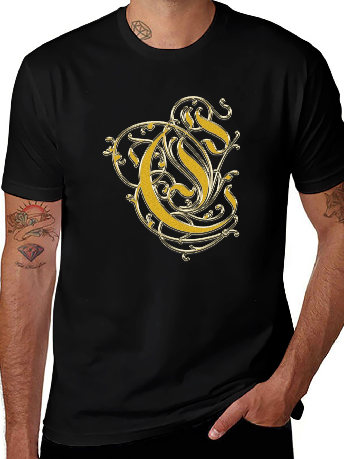 Elegant Gold Letter Graphic Black T-Shirt