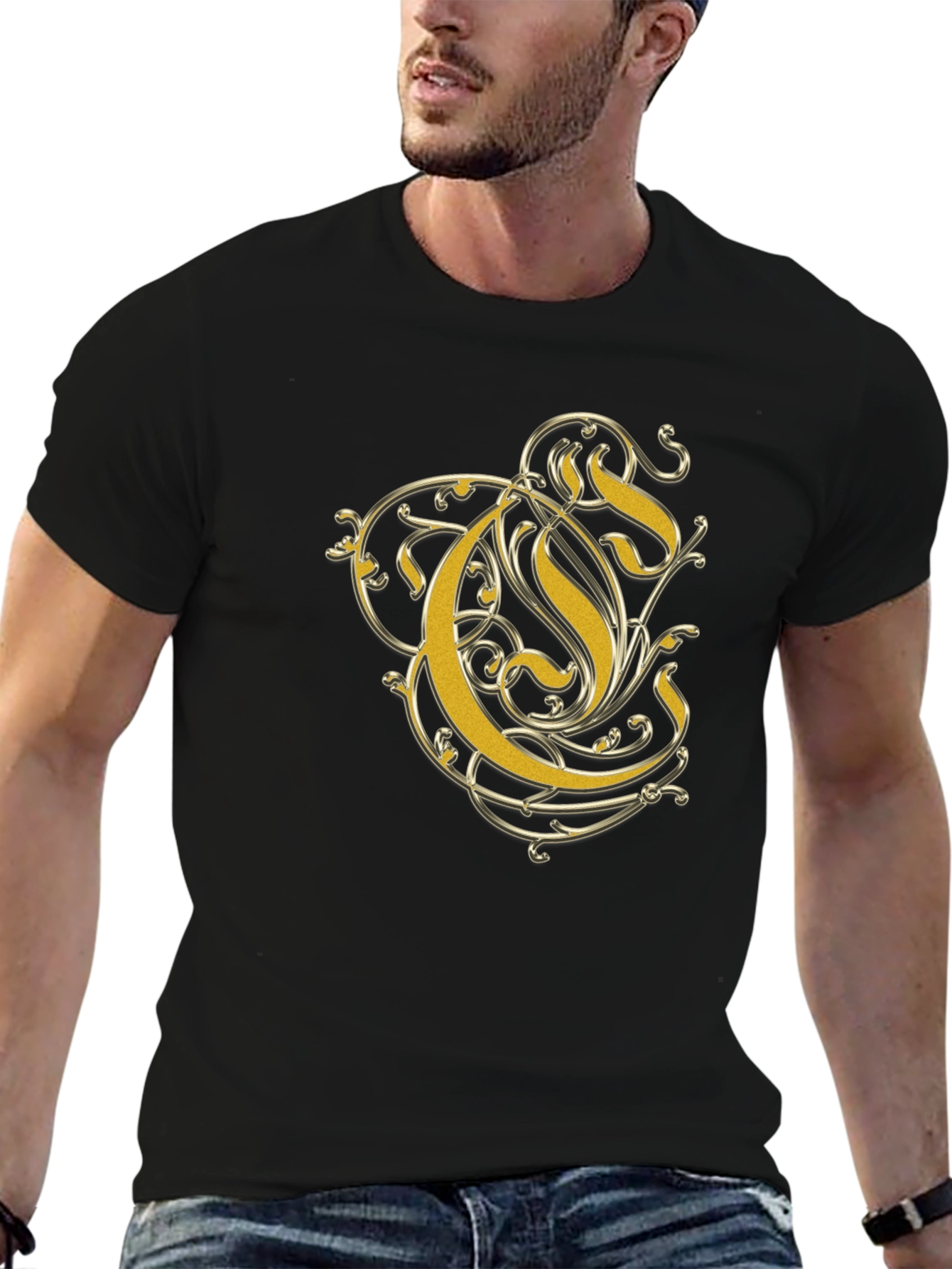 Elegant Gold Letter Graphic Black T-Shirt
