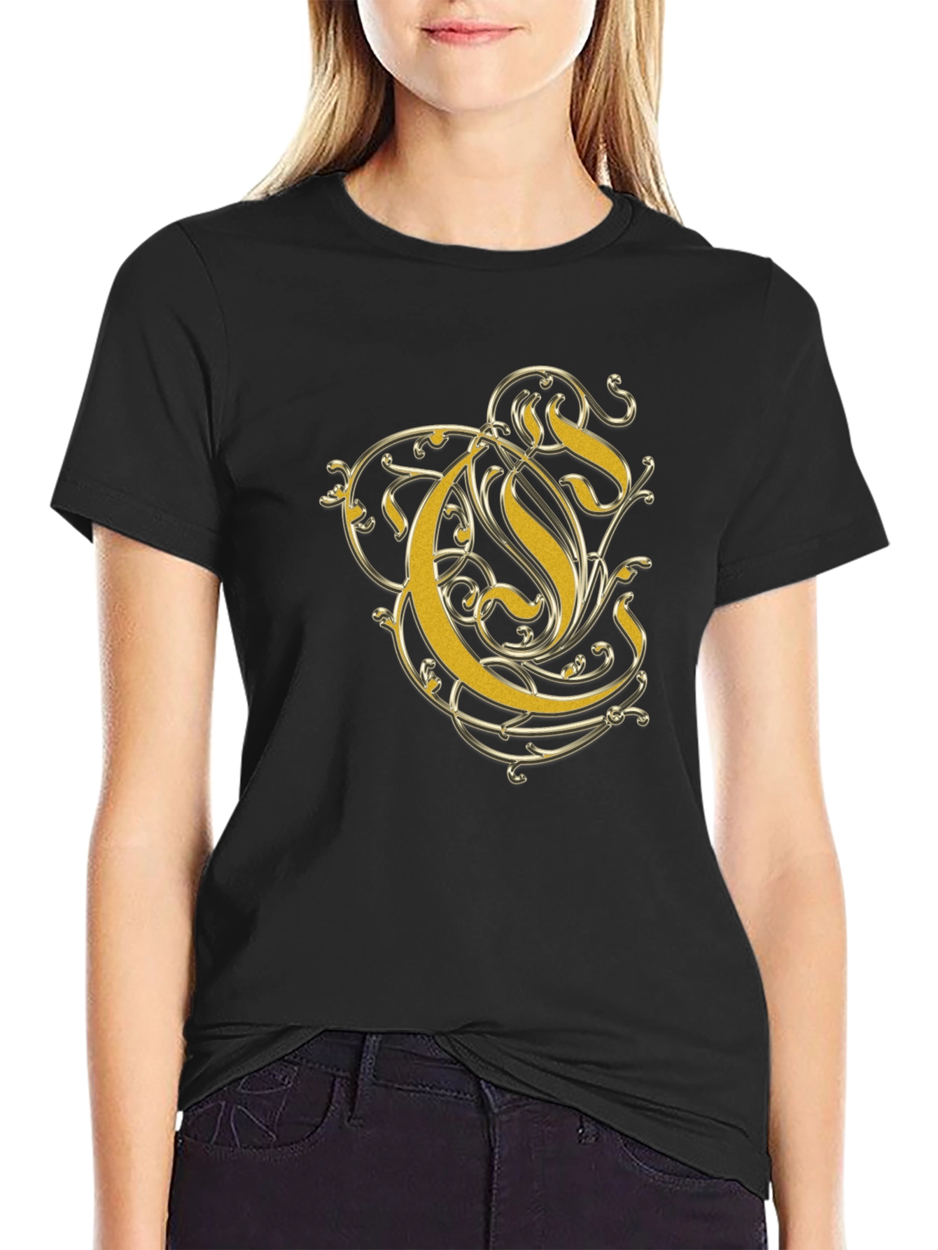 Elegant Gold Letter Graphic Black T-Shirt
