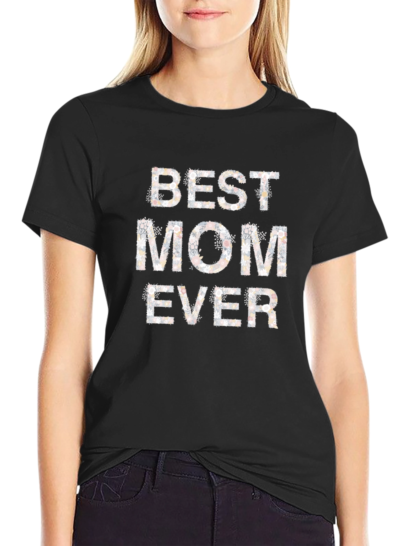 Best Mom Ever Floral Print Black T-Shirt