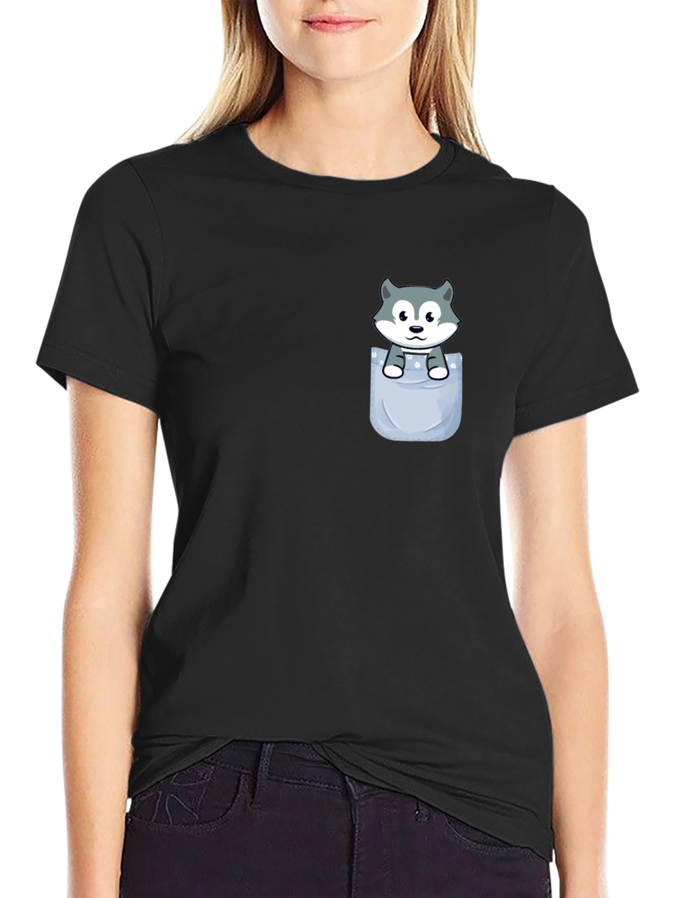 Husky Pup in Pocket T-Shirt