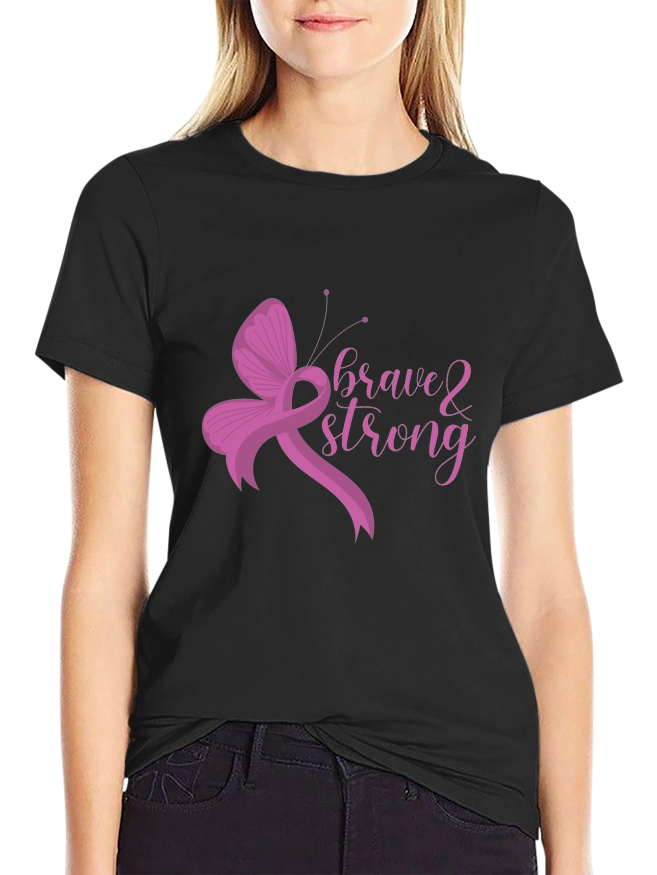 Brave & Strong Ribbon Butterfly Black T-Shirt