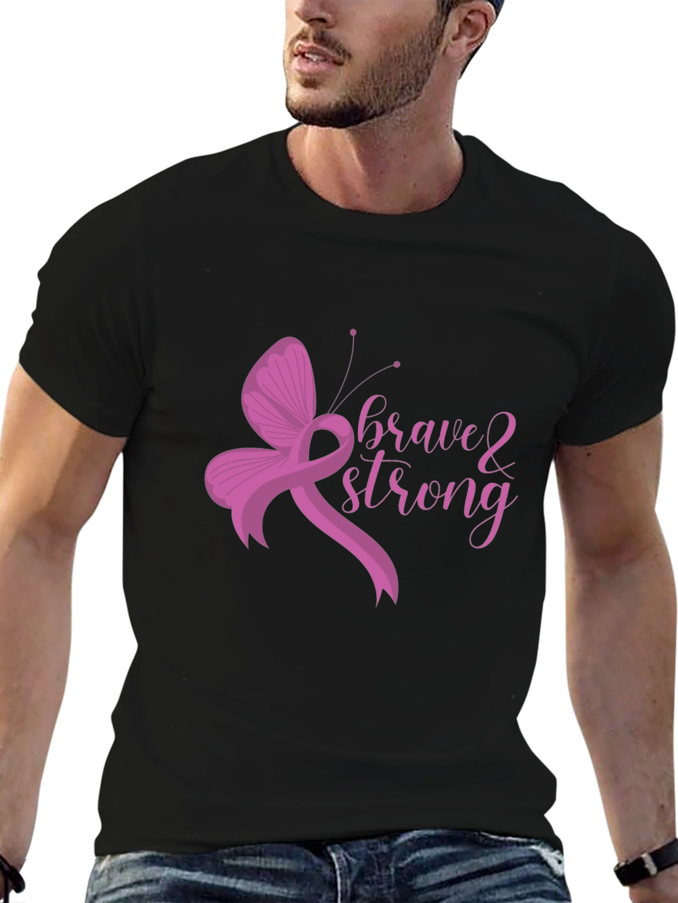 Brave & Strong Ribbon Butterfly Black T-Shirt