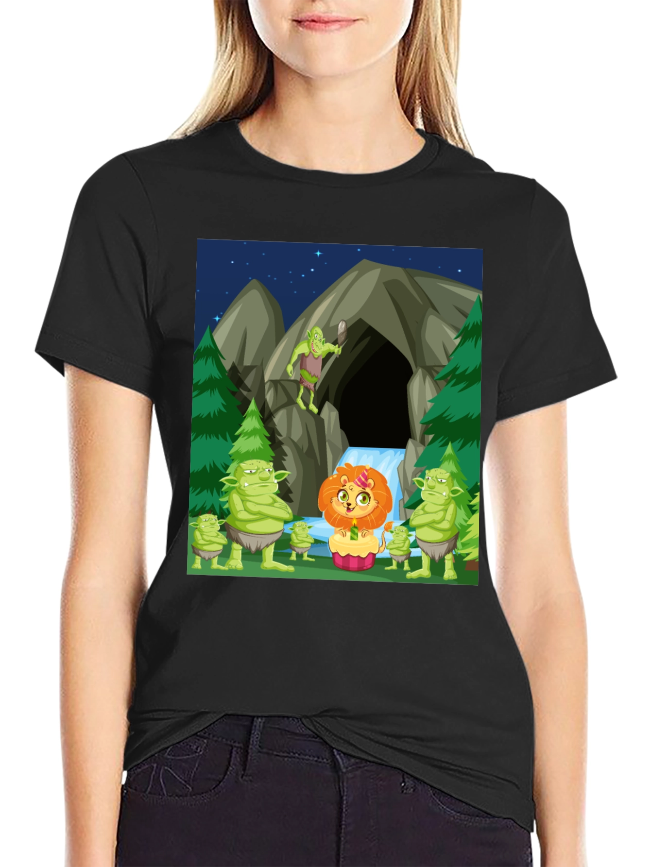 Cartoon Lion & Trolls Black T-Shirt