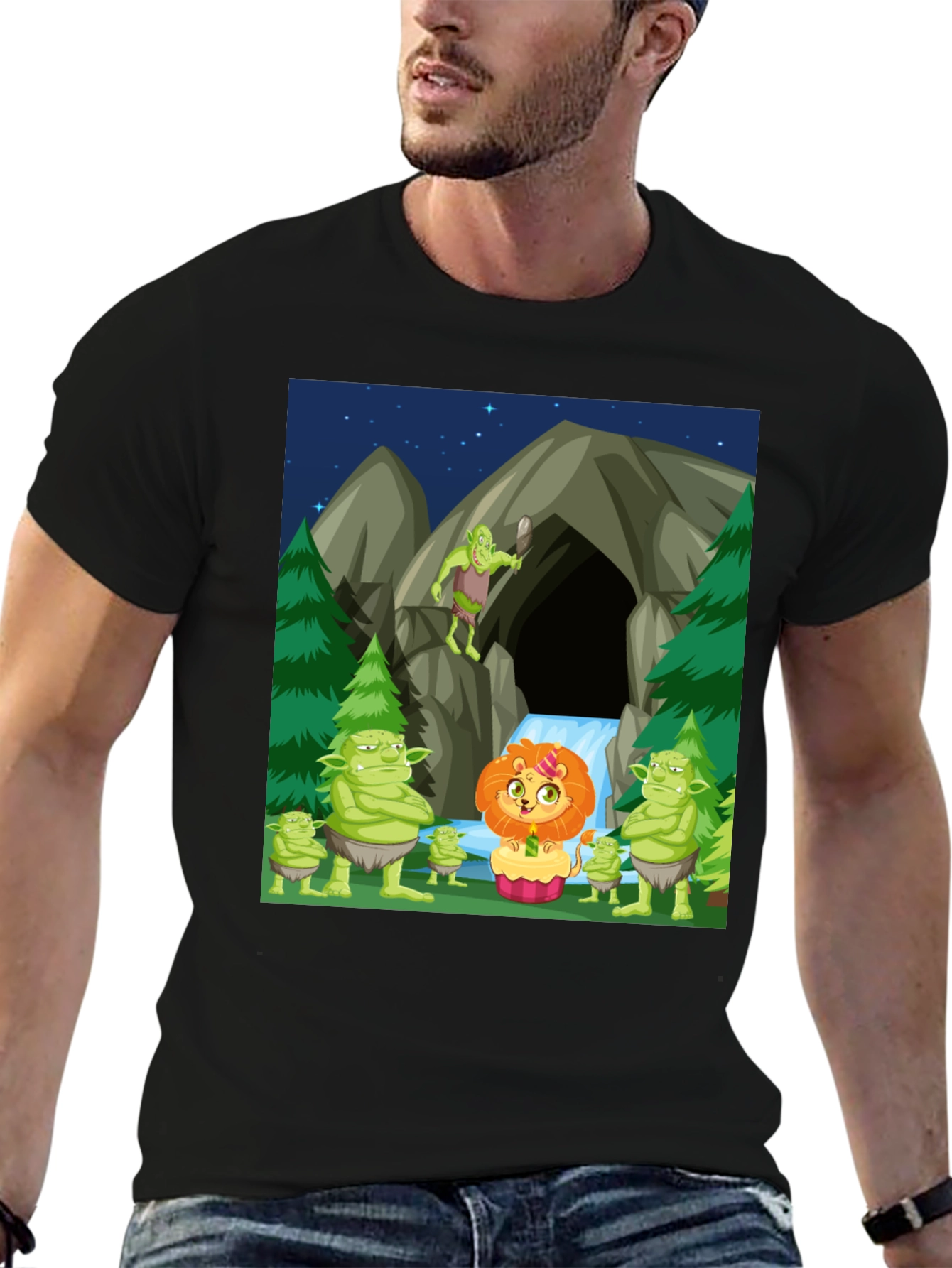 Cartoon Lion & Trolls Black T-Shirt