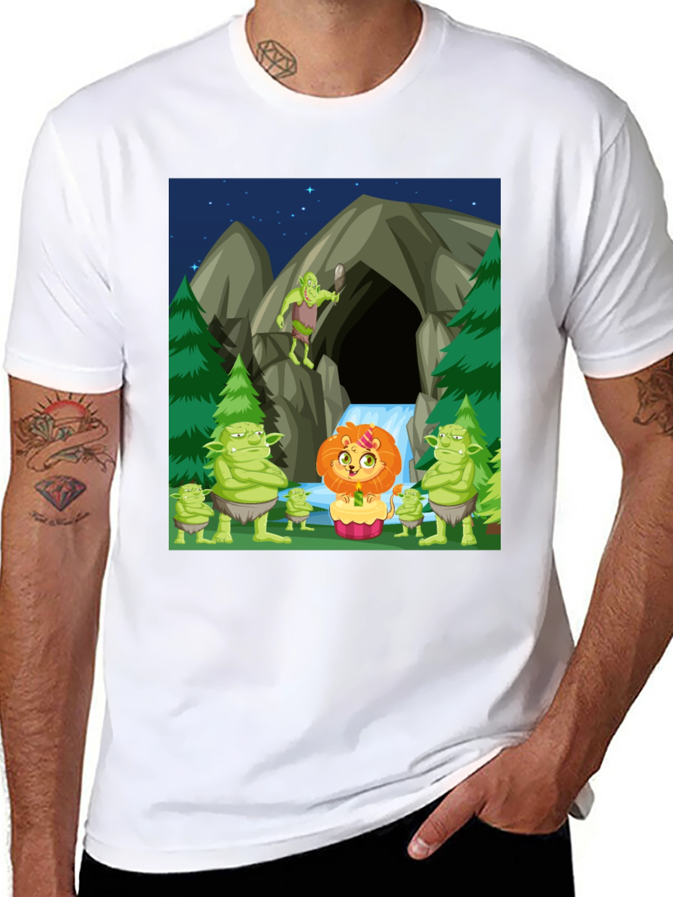 Cartoon Lion & Trolls Black T-Shirt