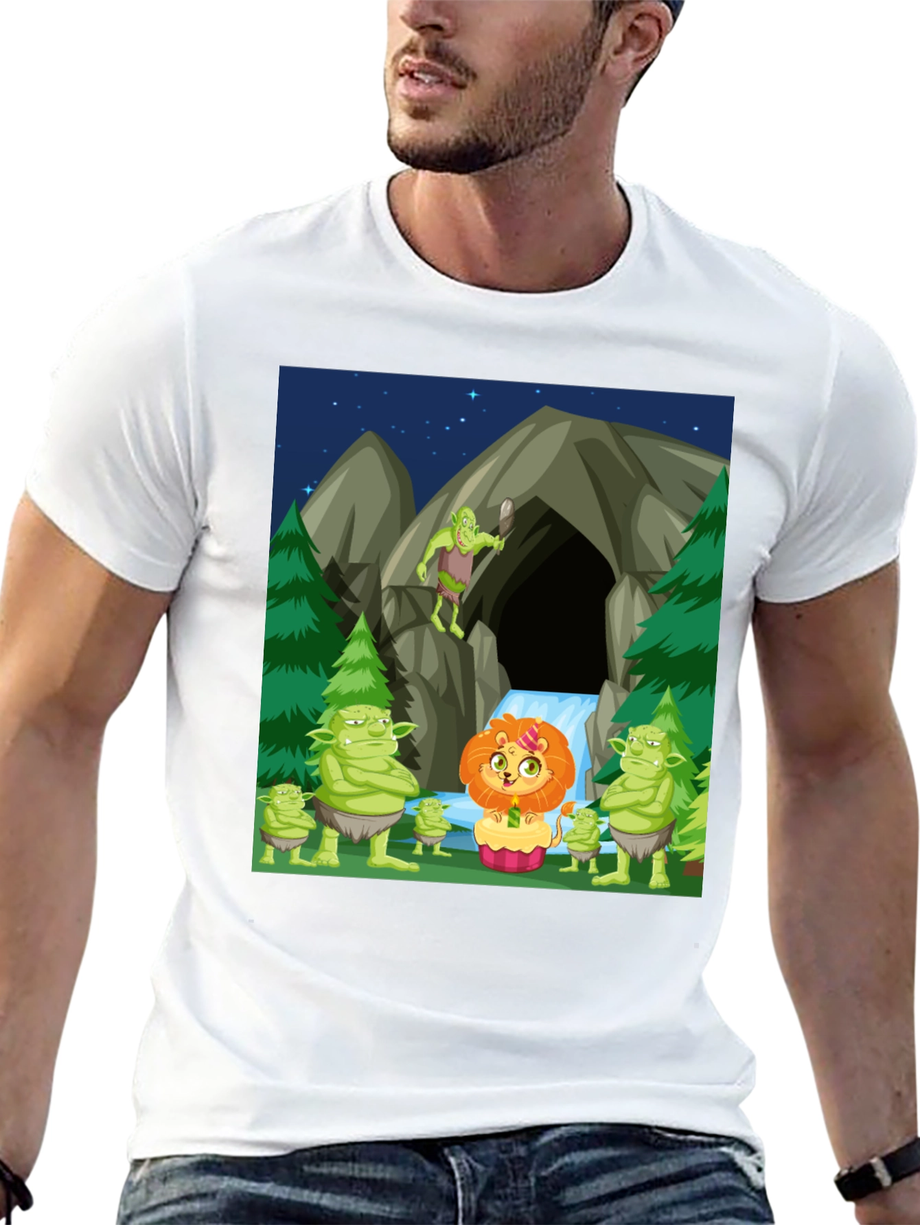 Cartoon Lion & Trolls Black T-Shirt