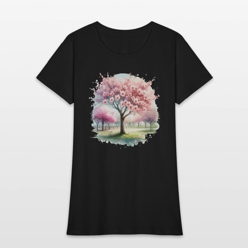 Blooming cherry blossom tree in the park in waterc