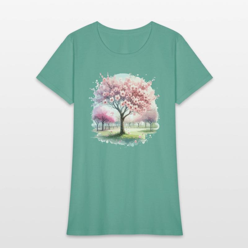 Blooming cherry blossom tree in the park in waterc