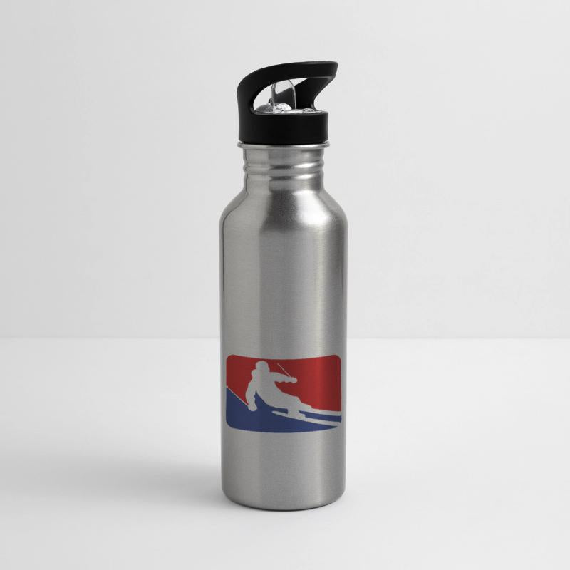 blue red button frame shield ski ride down mountai