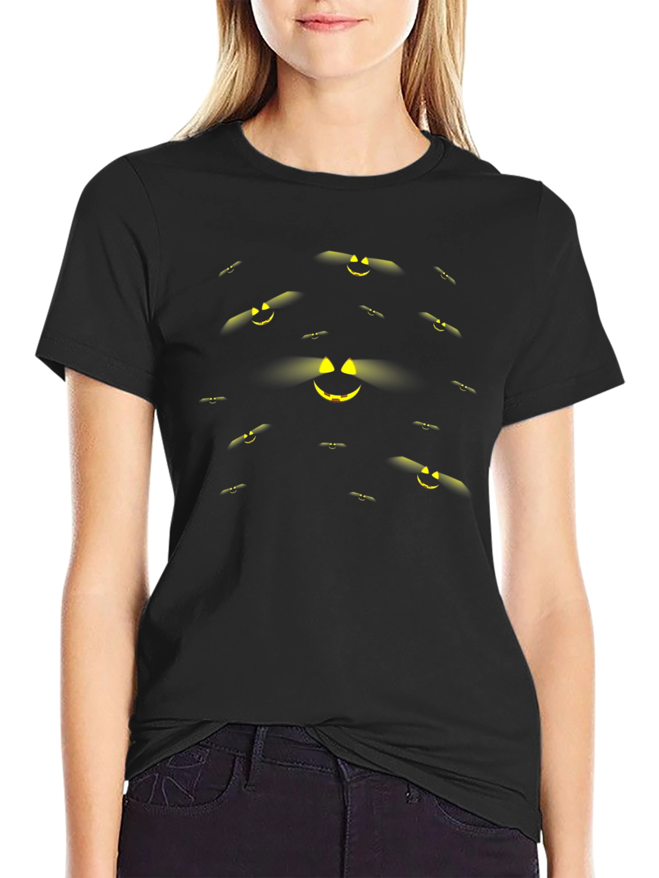 Spooky Pumpkin Face Pattern Black Halloween T-Shirt