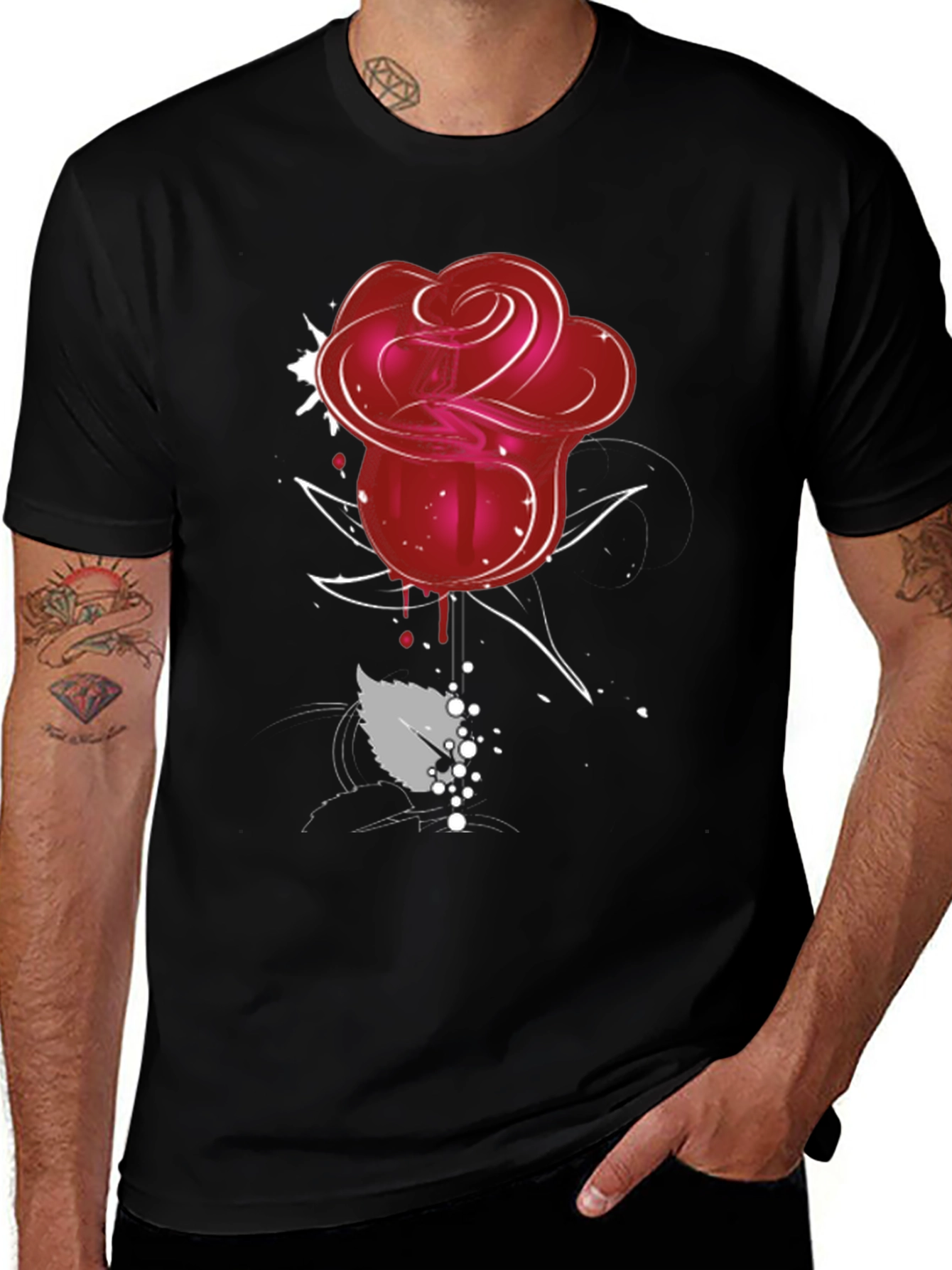 Red Rose Graphic Tee - Mens Black T-Shirt