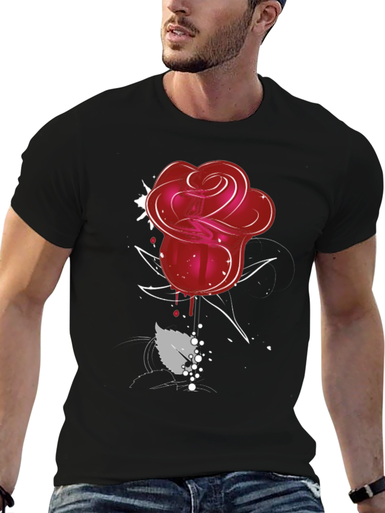 Red Rose Graphic Tee - Mens Black T-Shirt