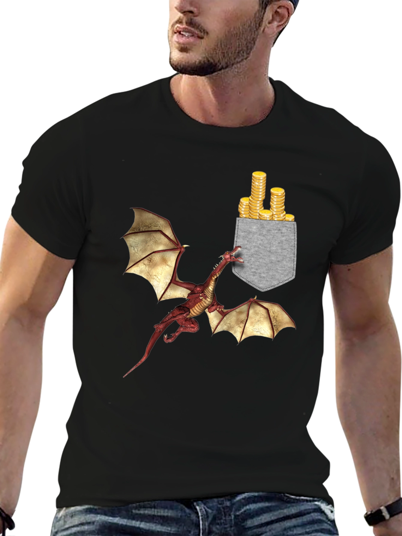 Dragon & Gold Coins Pocket Print T-Shirt