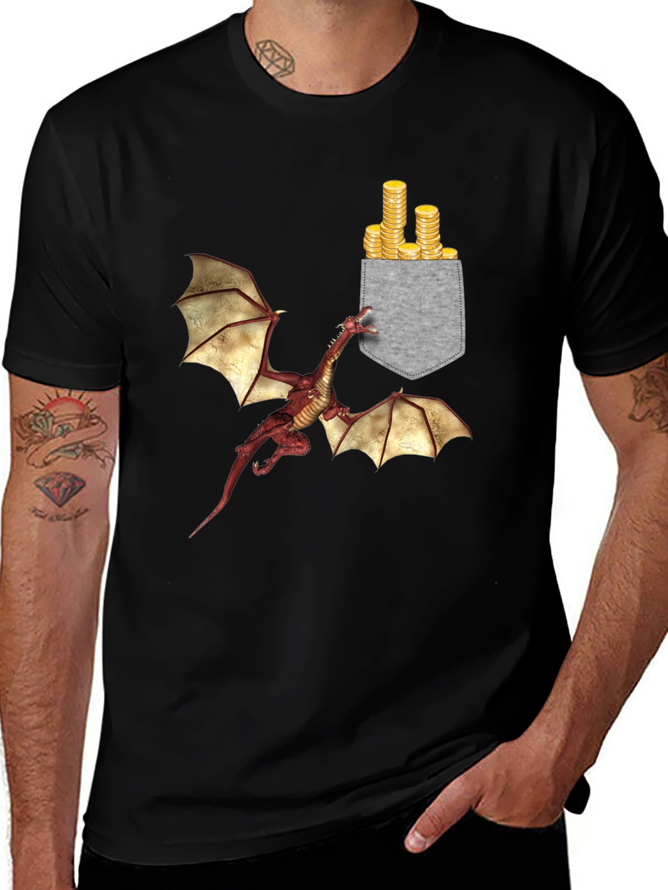 Dragon & Gold Coins Pocket Print T-Shirt
