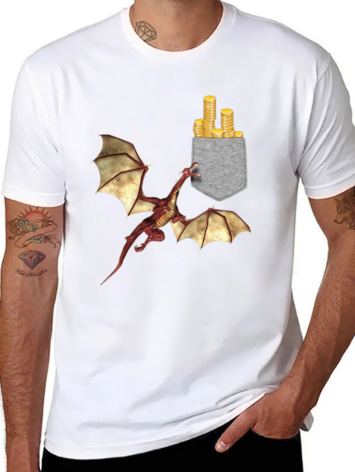 Dragon & Gold Coins Pocket Print T-Shirt
