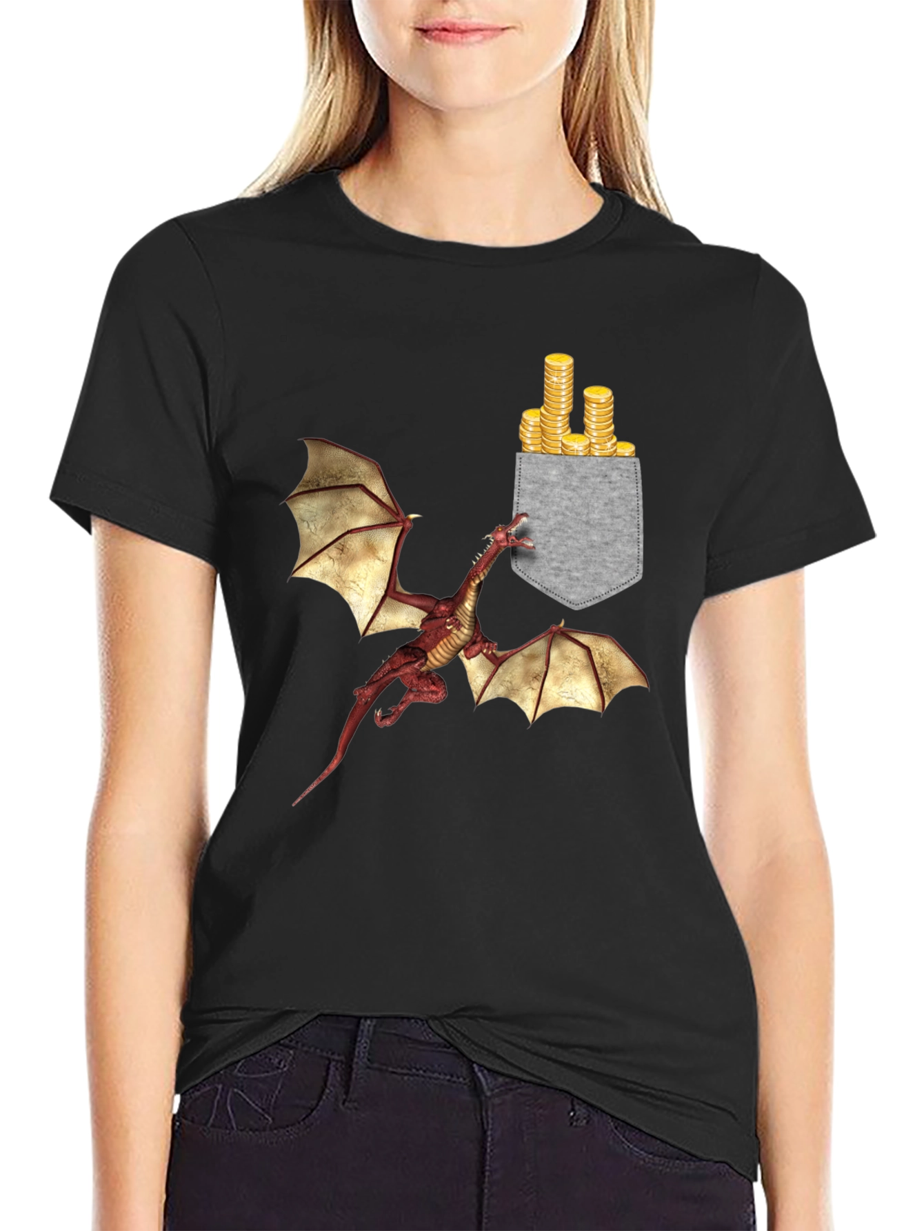 Dragon & Gold Coins Pocket Print T-Shirt