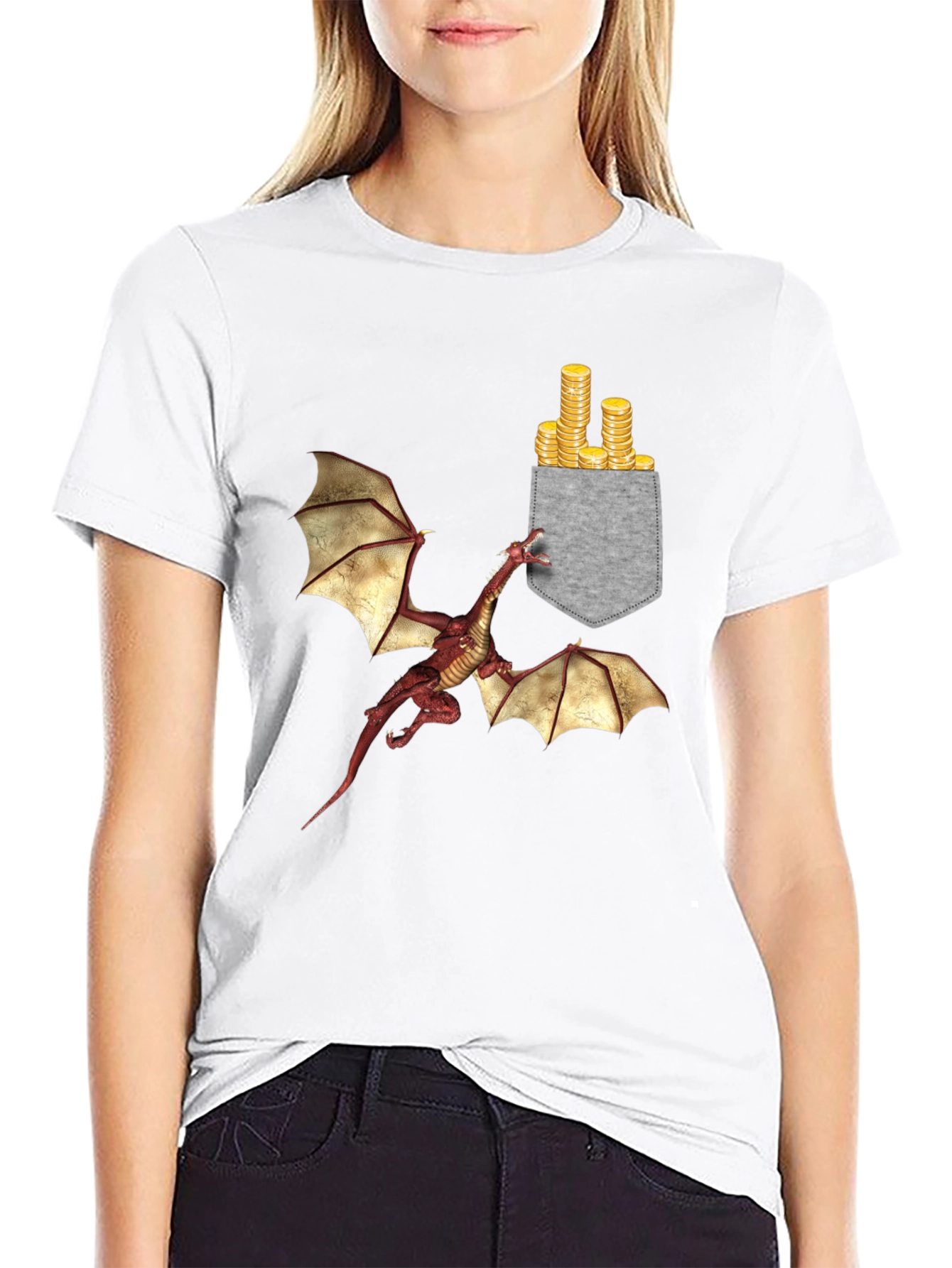 Dragon & Gold Coins Pocket Print T-Shirt