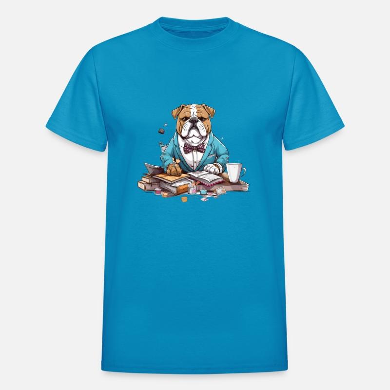 Bulldog wearing a bowtie, sitting in front Book