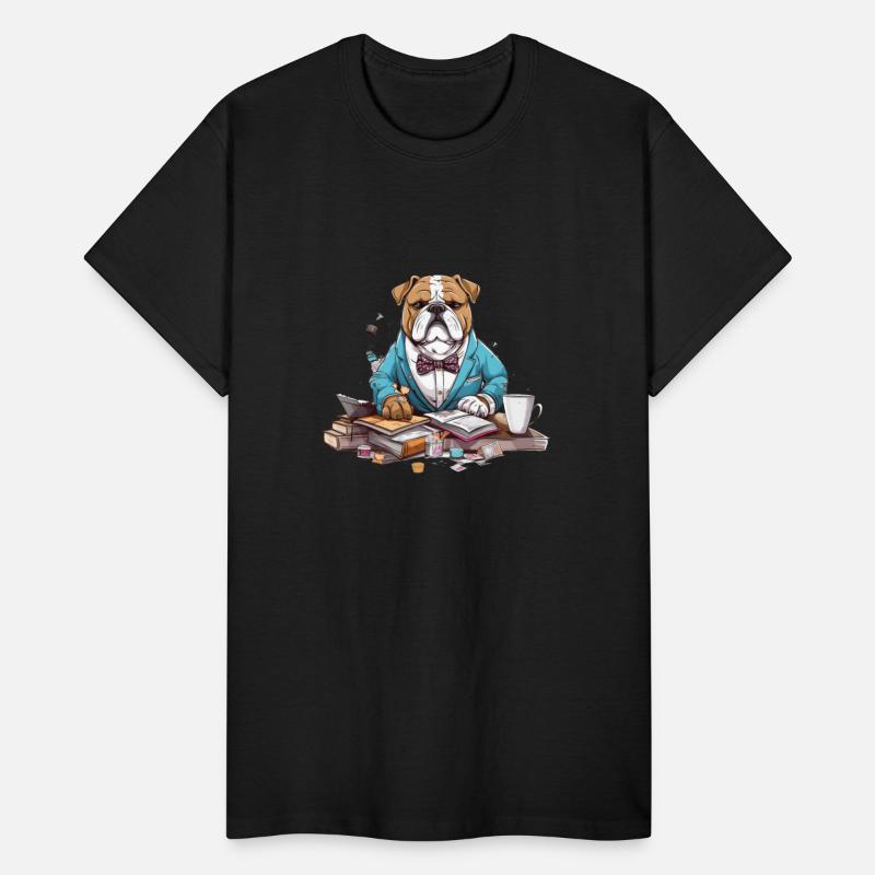 Bulldog wearing a bowtie, sitting in front Book