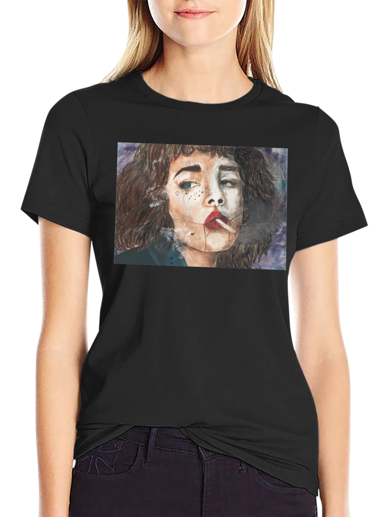 Smoking Woman Graphic Tee - Unisex Black T-Shirt