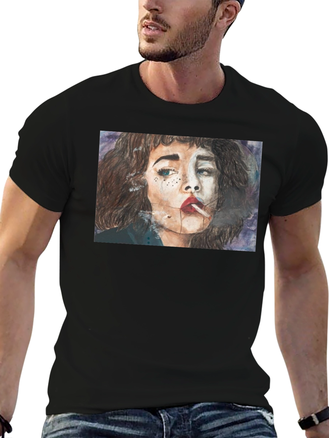 Smoking Woman Graphic Tee - Unisex Black T-Shirt