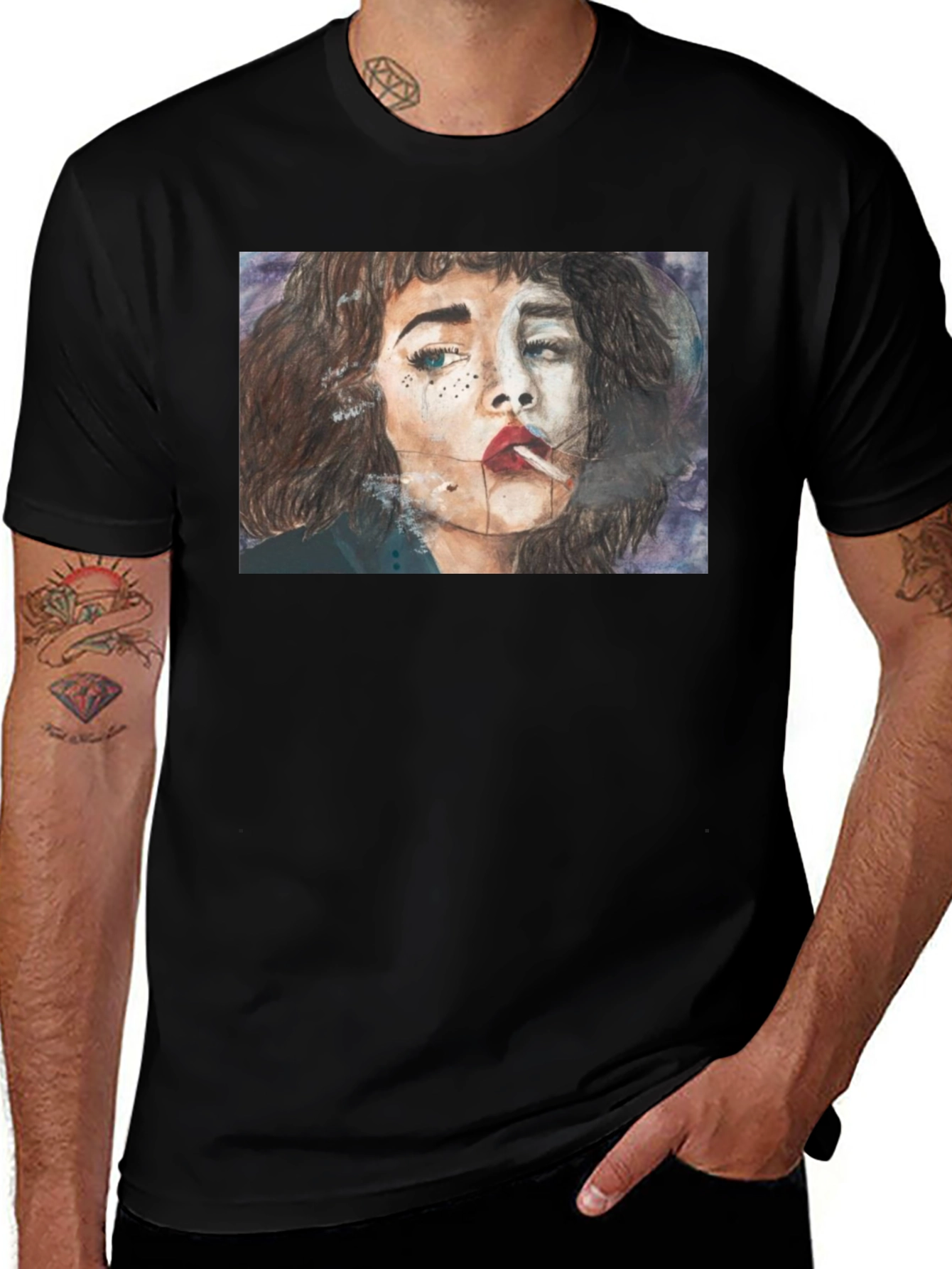 Smoking Woman Graphic Tee - Unisex Black T-Shirt