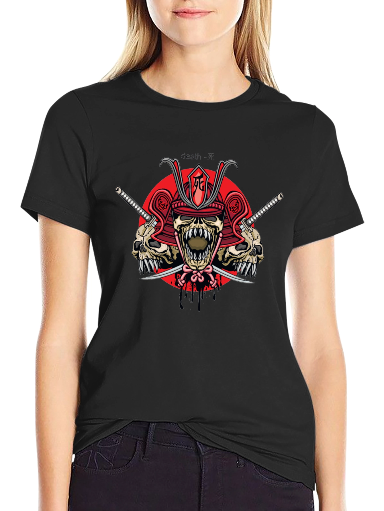 Samurai Skull Graphic Print Black T-Shirt