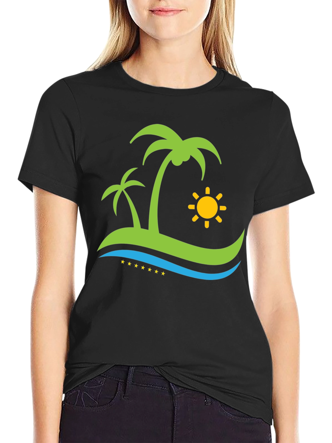 Island Vibe Black T-Shirt: Palm Trees & Sun