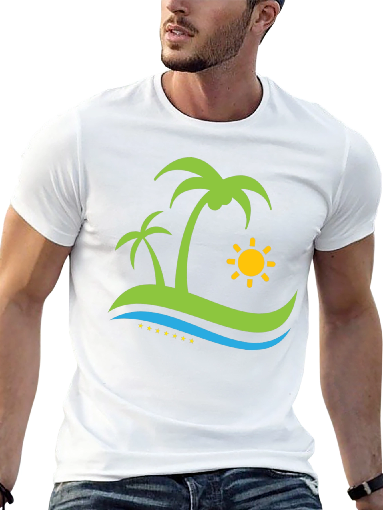 Island Vibe Black T-Shirt: Palm Trees & Sun