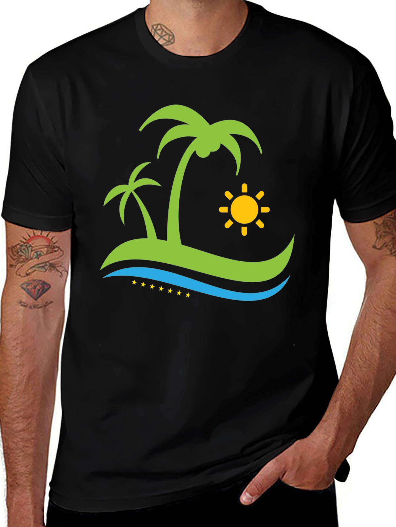Island Vibe Black T-Shirt: Palm Trees & Sun