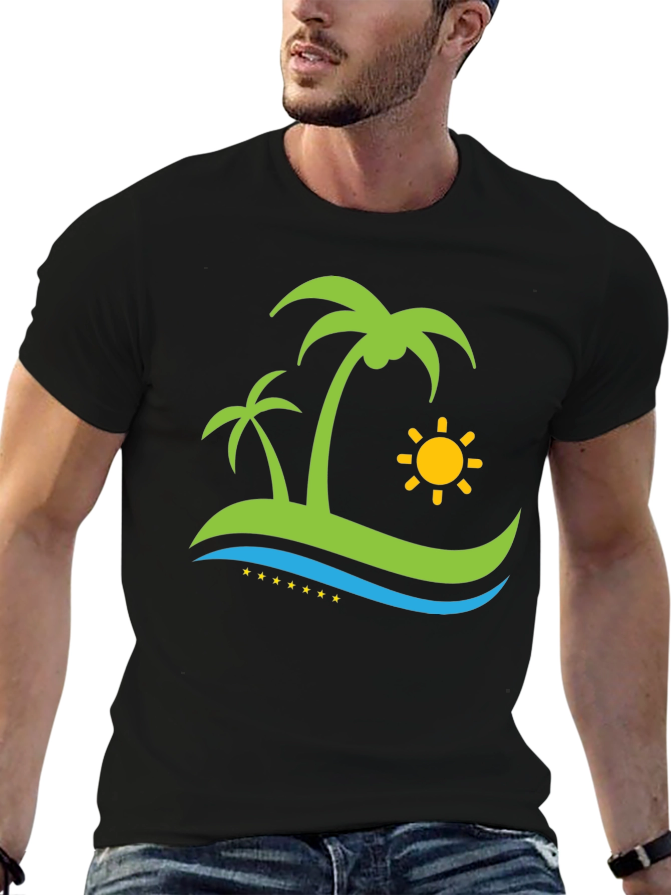 Island Vibe Black T-Shirt: Palm Trees & Sun