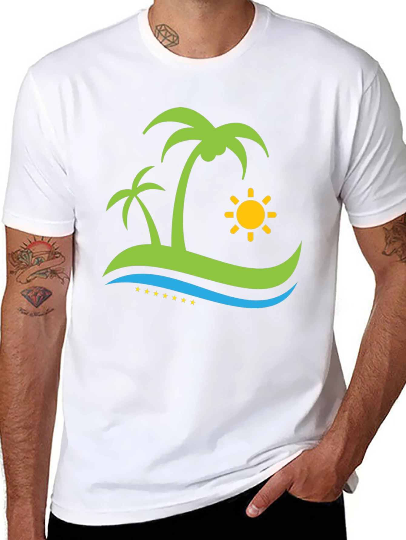 Island Vibe Black T-Shirt: Palm Trees & Sun