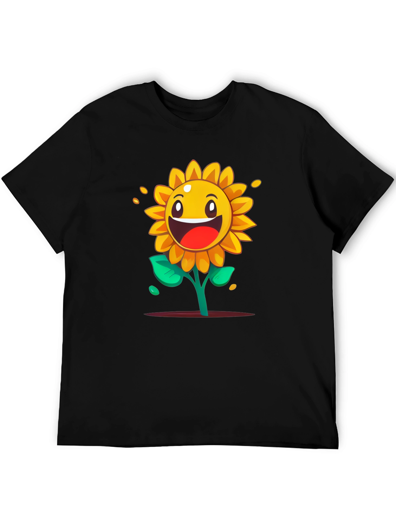 Cartoon Sunflower Graphic Tee - Black Cotton Shirt