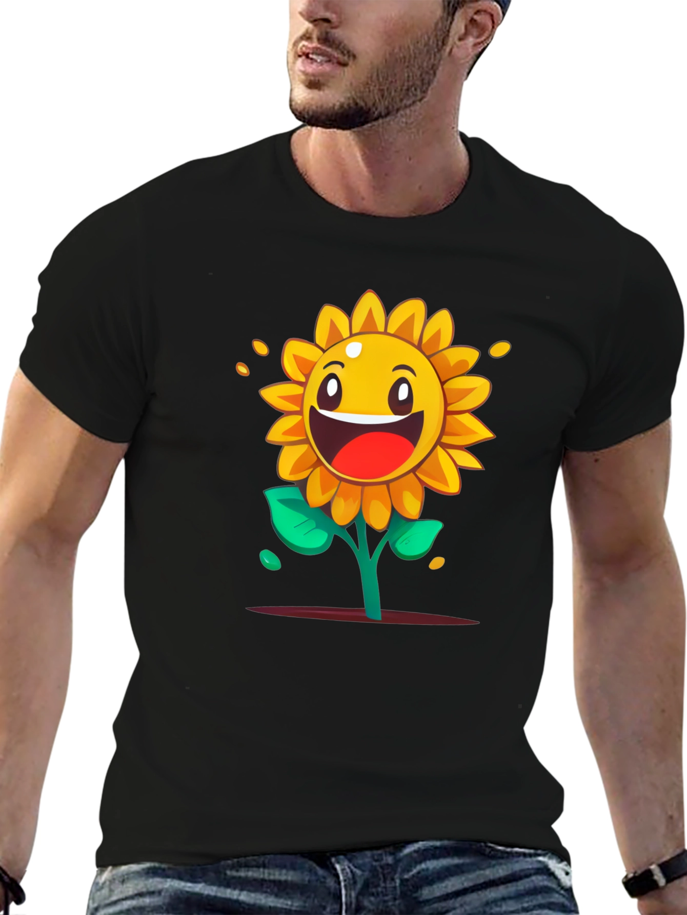 Cartoon Sunflower Graphic Tee - Black Cotton Shirt