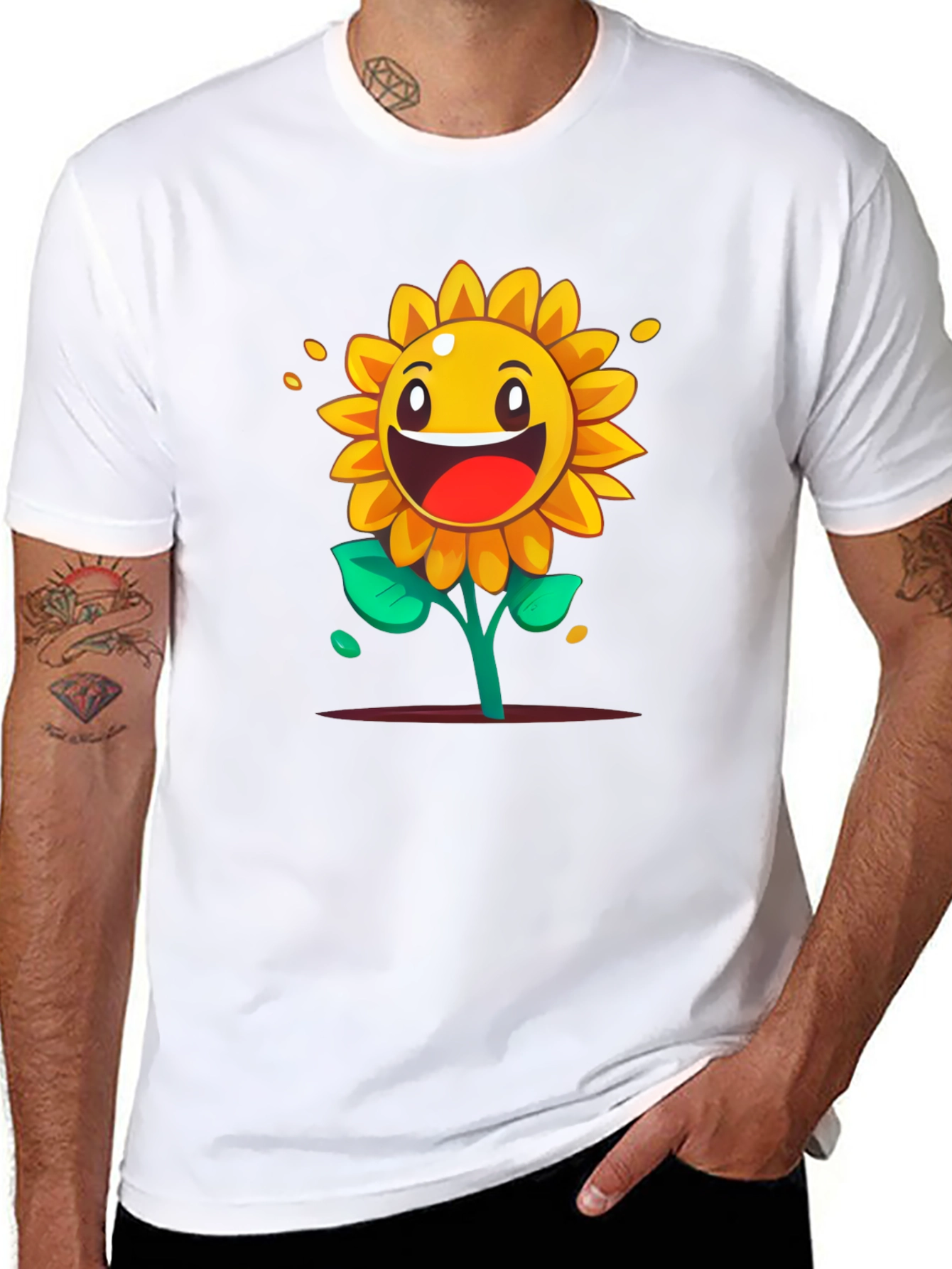 Cartoon Sunflower Graphic Tee - Black Cotton Shirt